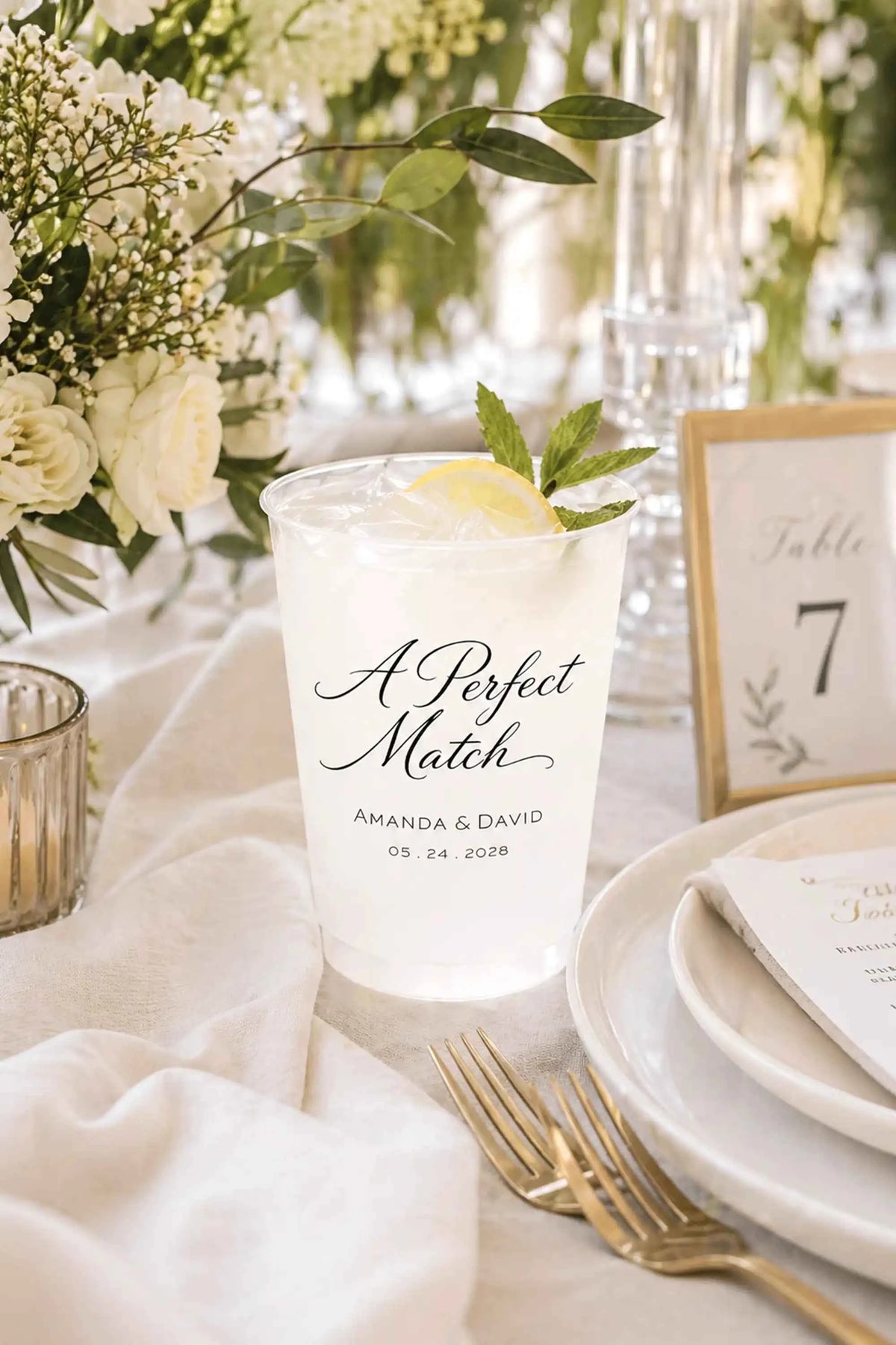 A Perfect Match Custom Frosted Wedding Cups | Interactive Live Preview | 16 oz Shatterproof Plastic Favors