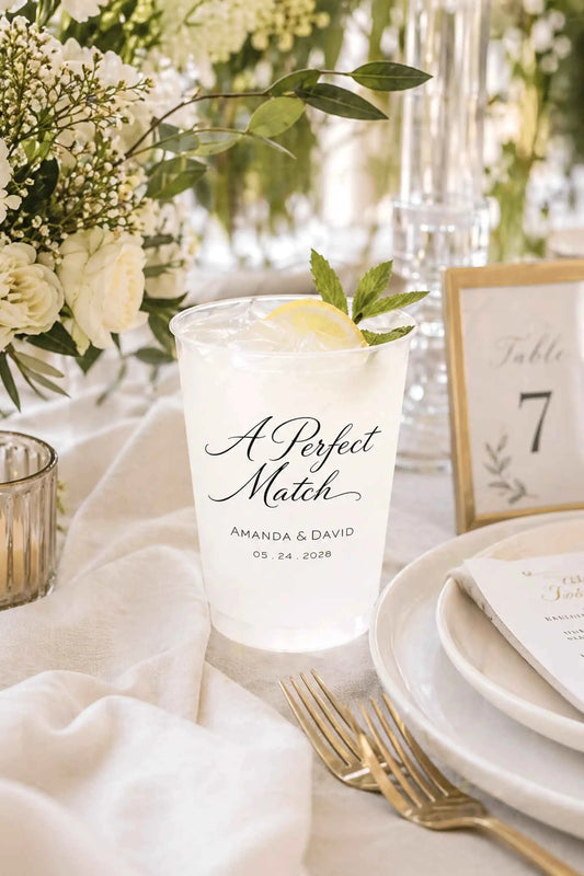 A Perfect Match Custom Frosted Wedding Cups | Interactive Live Preview | 16 oz Shatterproof Plastic Favors