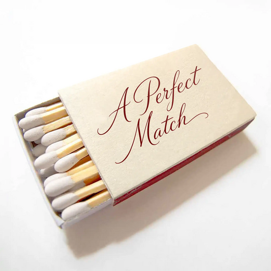 custom wedding Matchbox with 'A Perfect Match' text on a white background