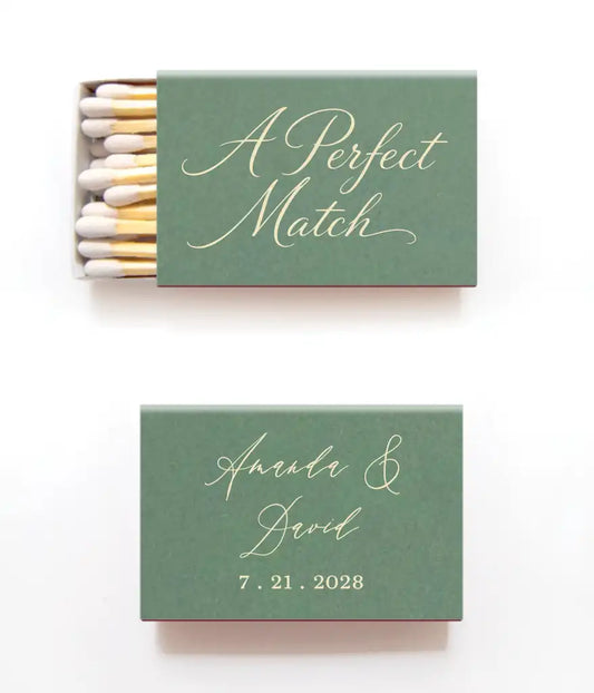 Sage Custom Wedding Matchbox set with 'A Perfect Match' text on a white background