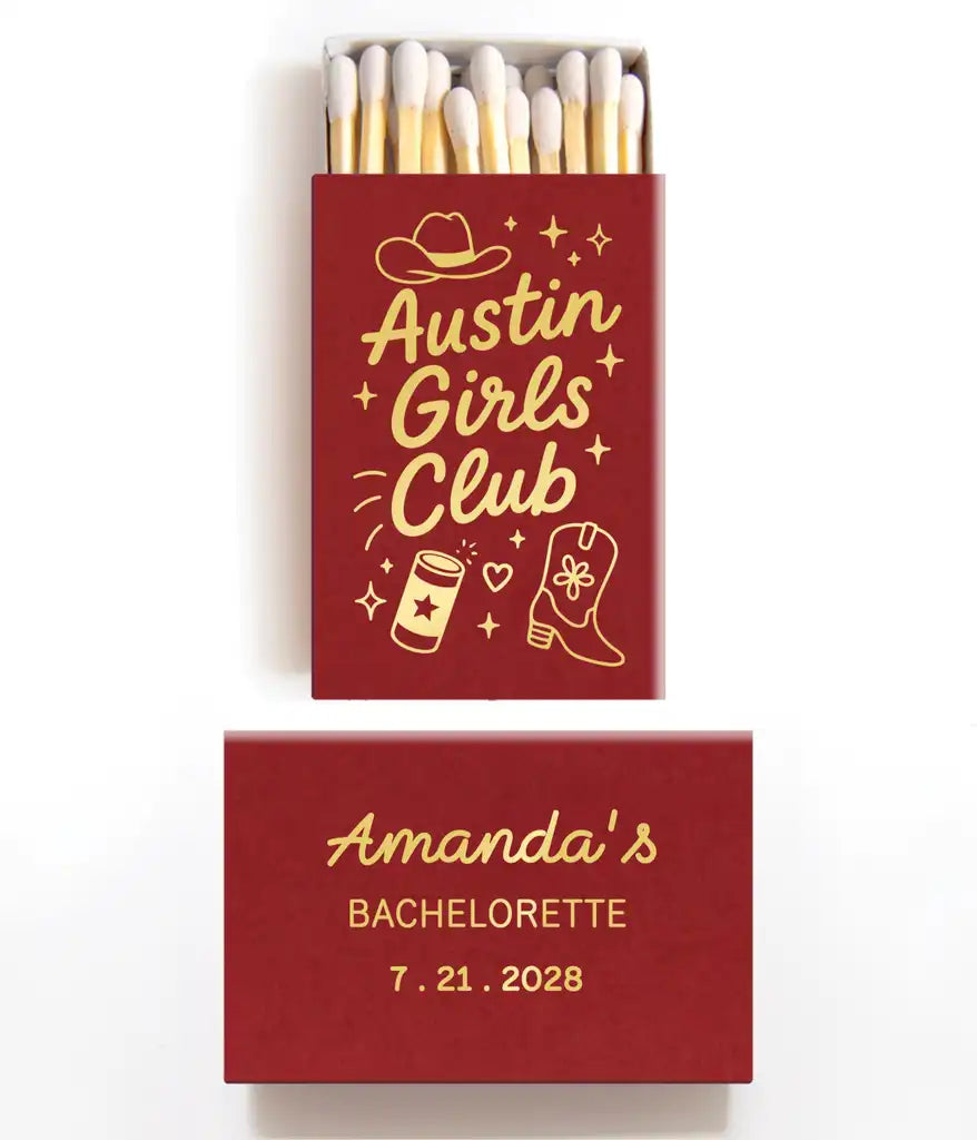 Red matchbox with 'Austin Girls Club' design and 'Amanda's Bachelorette' text on a white background