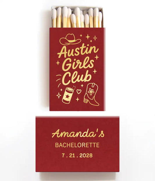 Red matchbox with 'Austin Girls Club' design and 'Amanda's Bachelorette' text on a white background