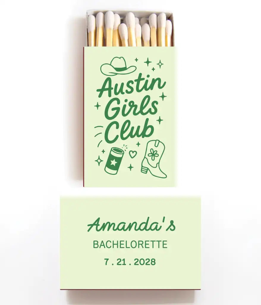 Mint green matchbox with 'Austin Girls Club' design and 'Amanda's Bachelorette' text on a white background