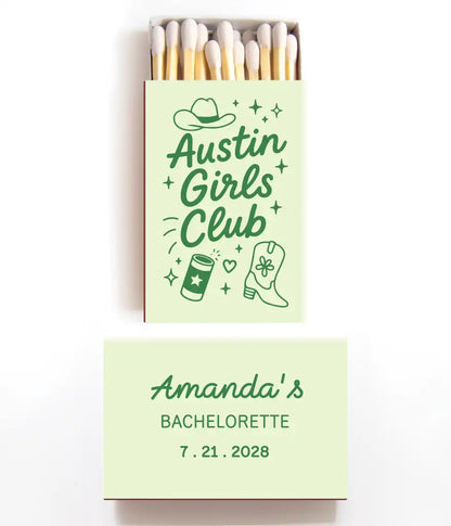 Mint green matchbox with 'Austin Girls Club' design and 'Amanda's Bachelorette' text on a white background