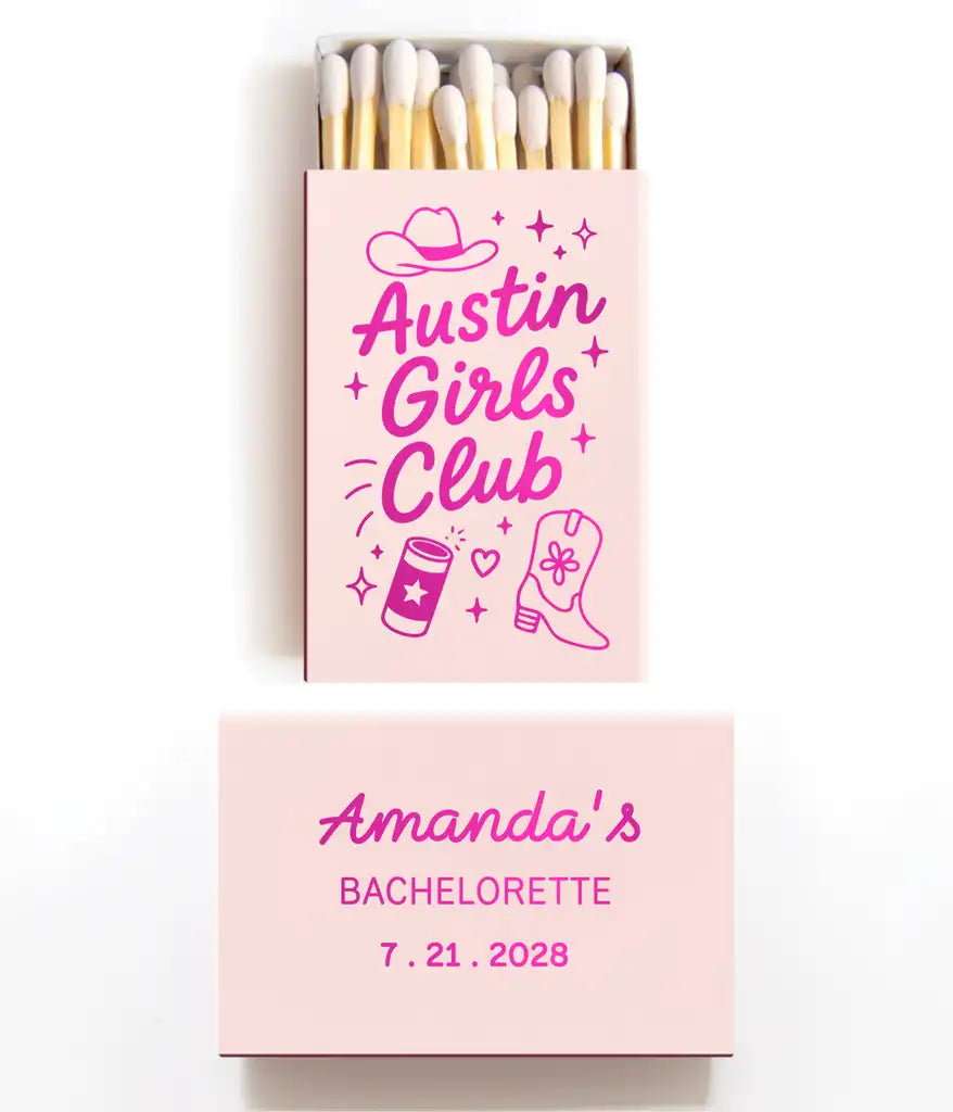 Pink matchbox with 'Austin Girls Club' design and 'Amanda's Bachelorette' text on a white background