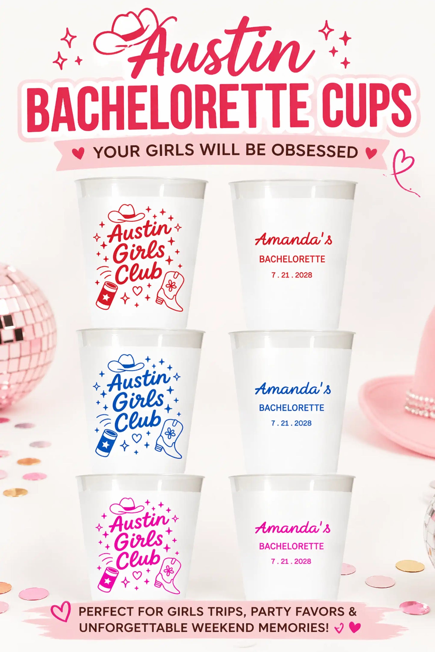 Bachelorette party cups with personalized designs on a white background