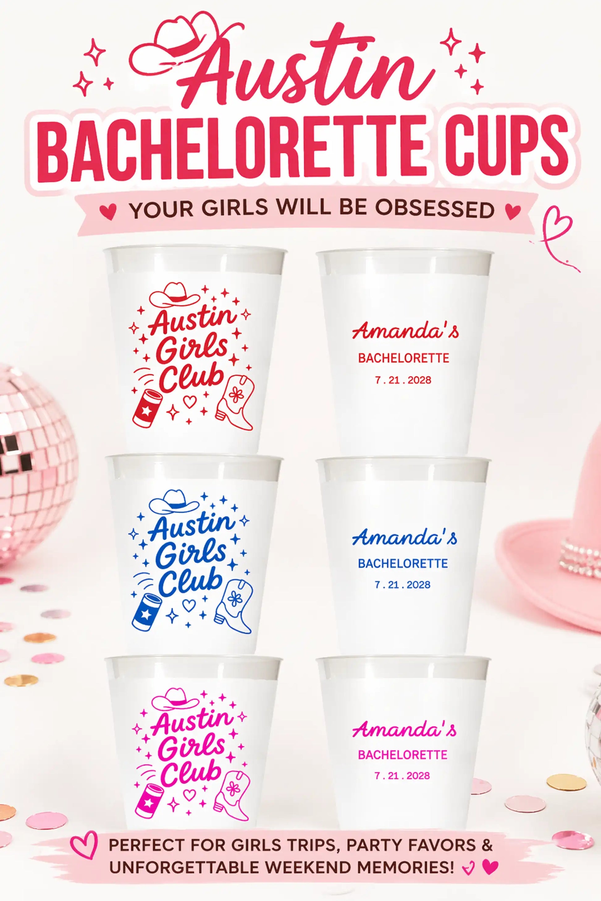 Bachelorette party cups with personalized designs on a white background