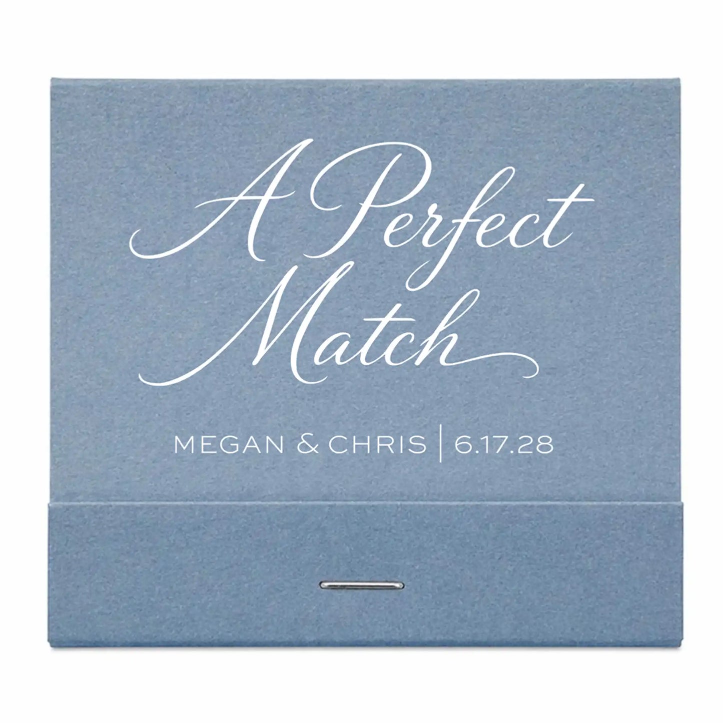 Blue box with 'A Perfect Match' text and personalized names and date on a white background
