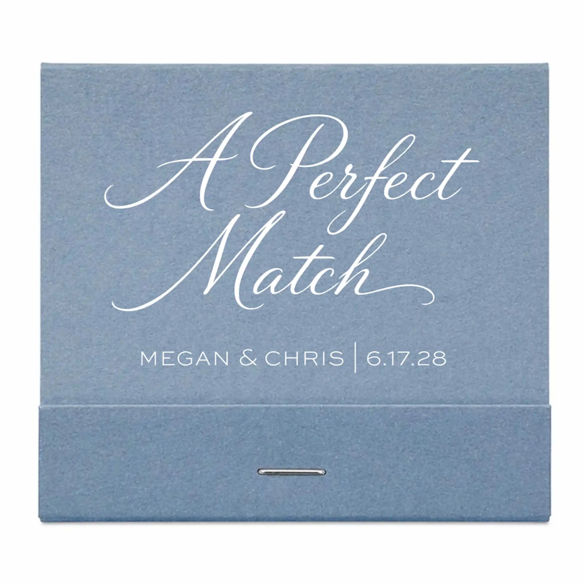 Blue box with 'A Perfect Match' text and personalized names and date on a white background
