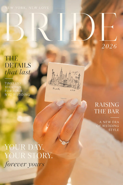 A bride in a white dress is holding a Cream colored matchbooks that have a hand drawn image of the New York city skyline with the names the smiths and their wedding date printed in black ink at an outdoor wedding with greenery flowers.