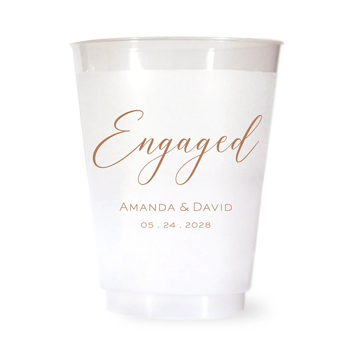 White cup with brown 'Engaged' text and personalized names and date on a white background