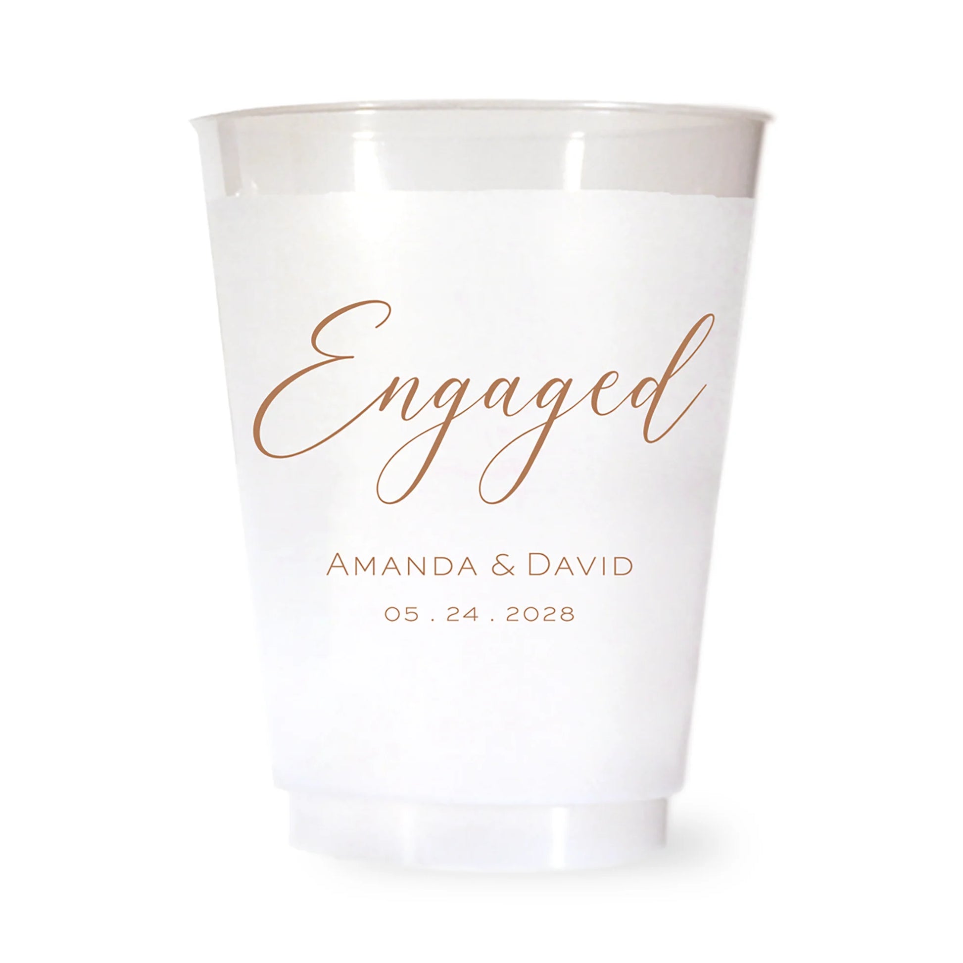 White cup with brown 'Engaged' text and personalized names and date on a white background