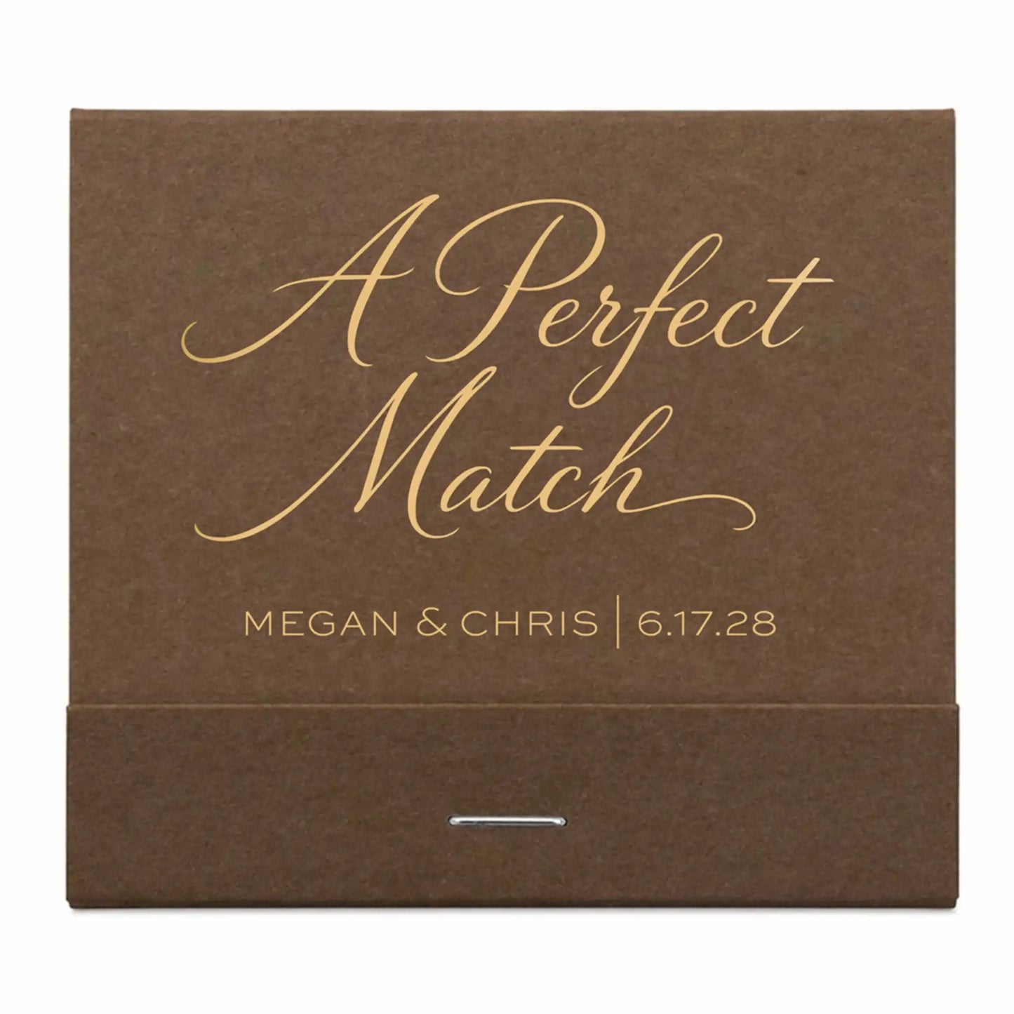 Brown matchbox with 'A Perfect Match' and personalized text on a white background