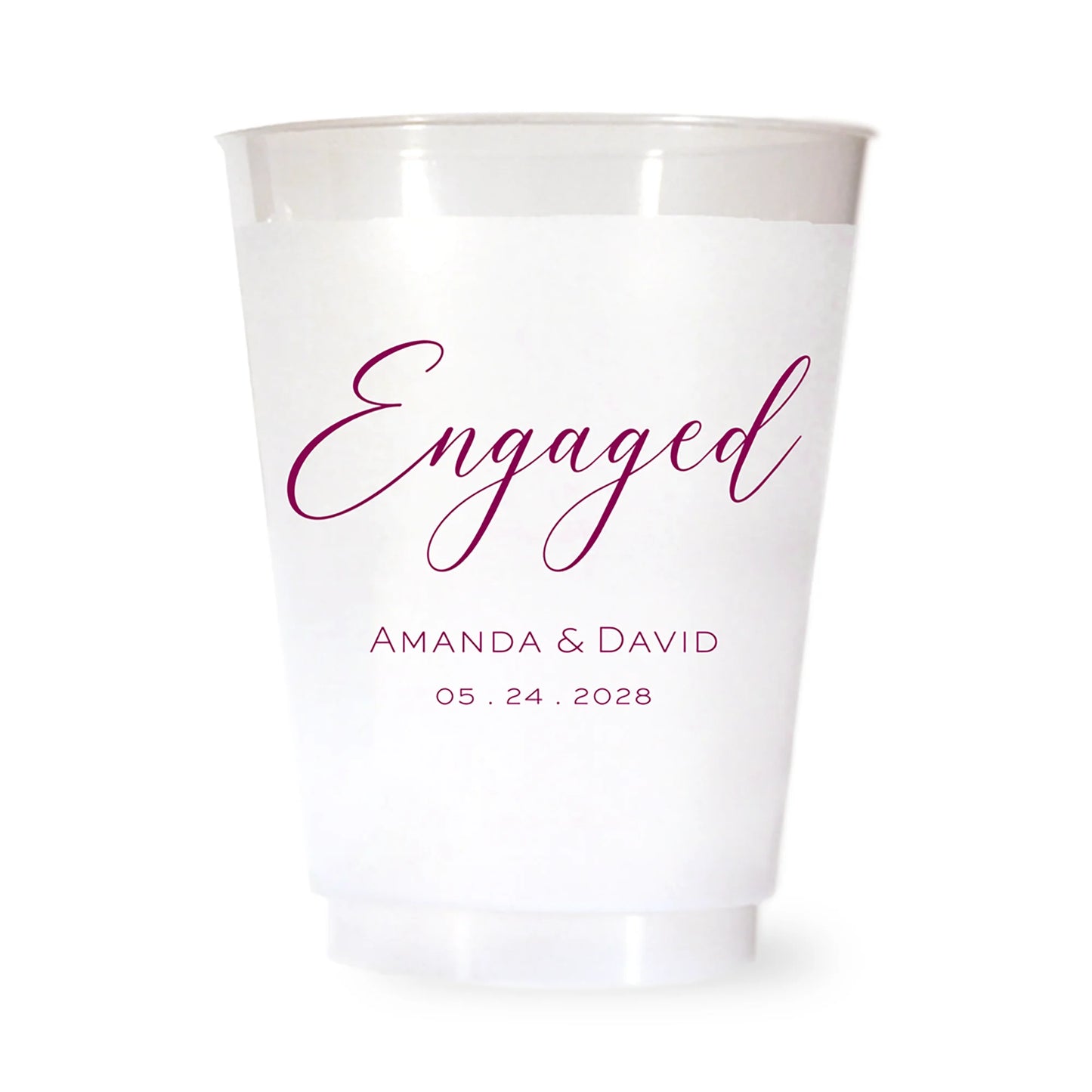 White plastic cup with burgundy 'Engaged' text and personalized names and date on a white background
