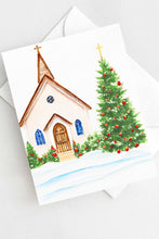 Load image into Gallery viewer, Church Tree Christmas Card Watercolor Holiday
