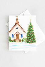 Load image into Gallery viewer, Church Tree Christmas Card Watercolor Holiday
