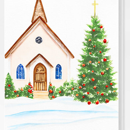 Church Tree Christmas Card Watercolor Holiday H023 - Wholesale