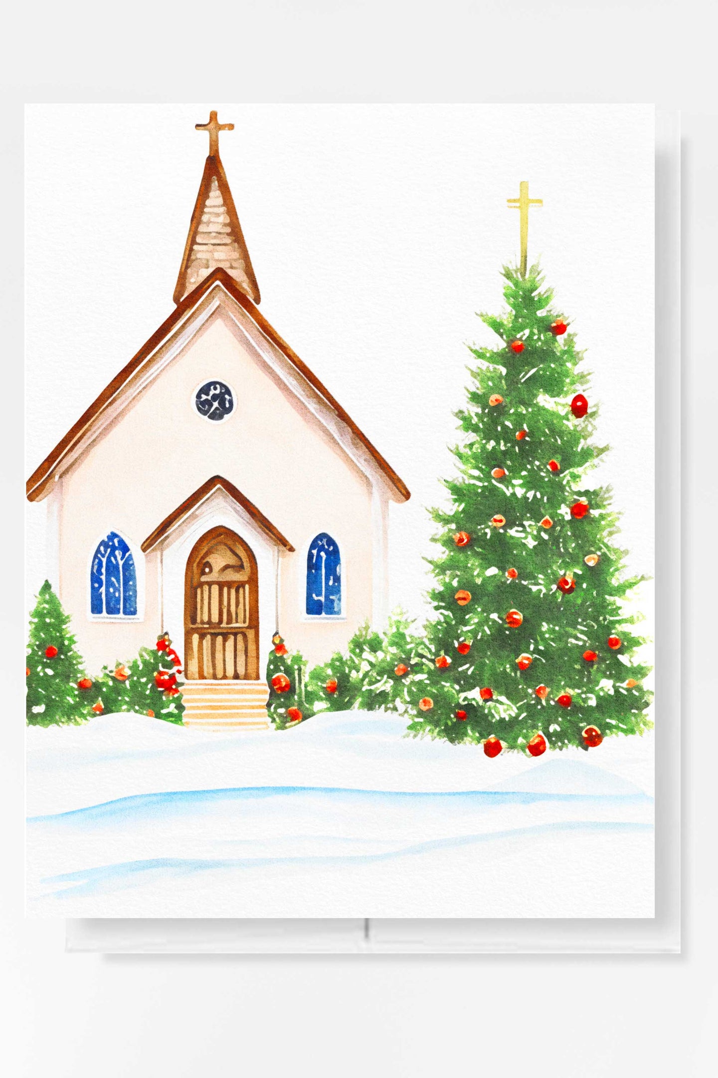 Church Tree Christmas Card Watercolor Holiday