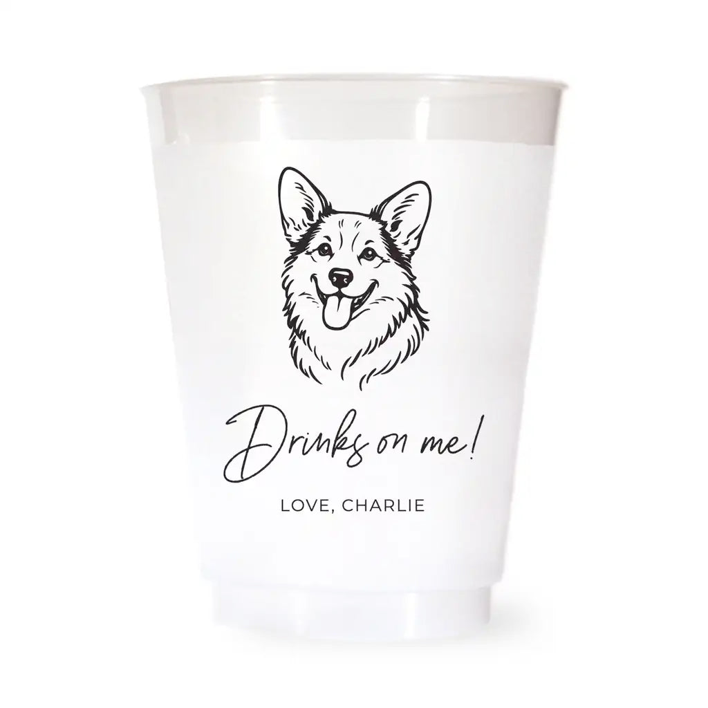White cup with a corgi dog illustration and text on a white background