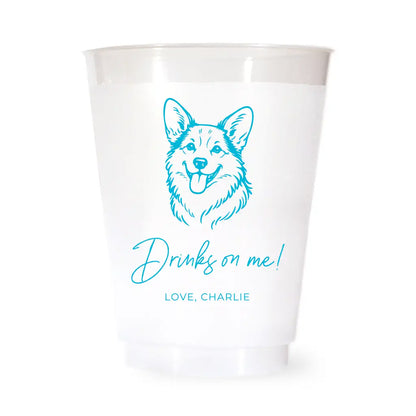 White cup with blue Corgi dog illustration and text on a white background