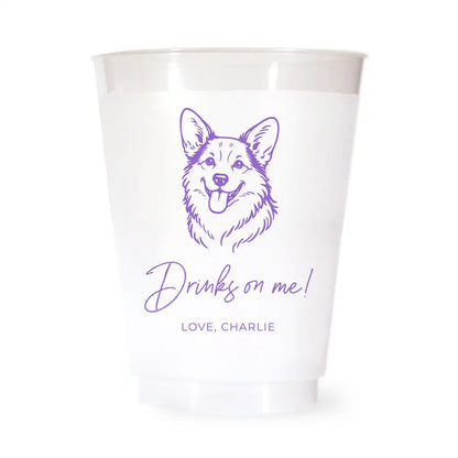 White cup with purple corgi illustration and text on a white background