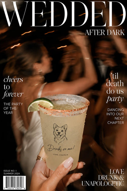 Magazine cover with a drink that has a terrier dog illustration and drinks on me love, charlie text about a wedding celebration. 