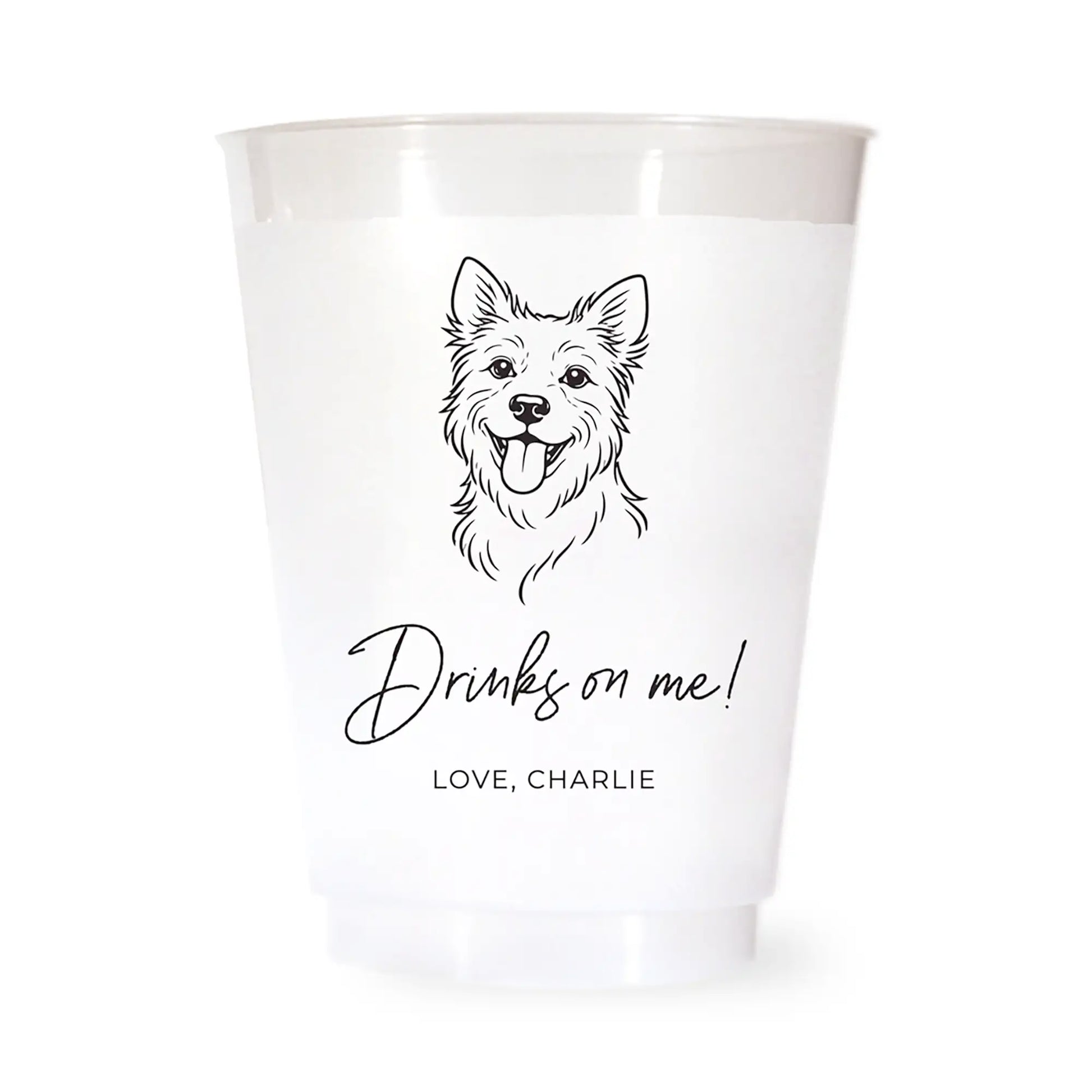 White cup with a black terrier dog illustration and drinks on me love charlie text on a white background