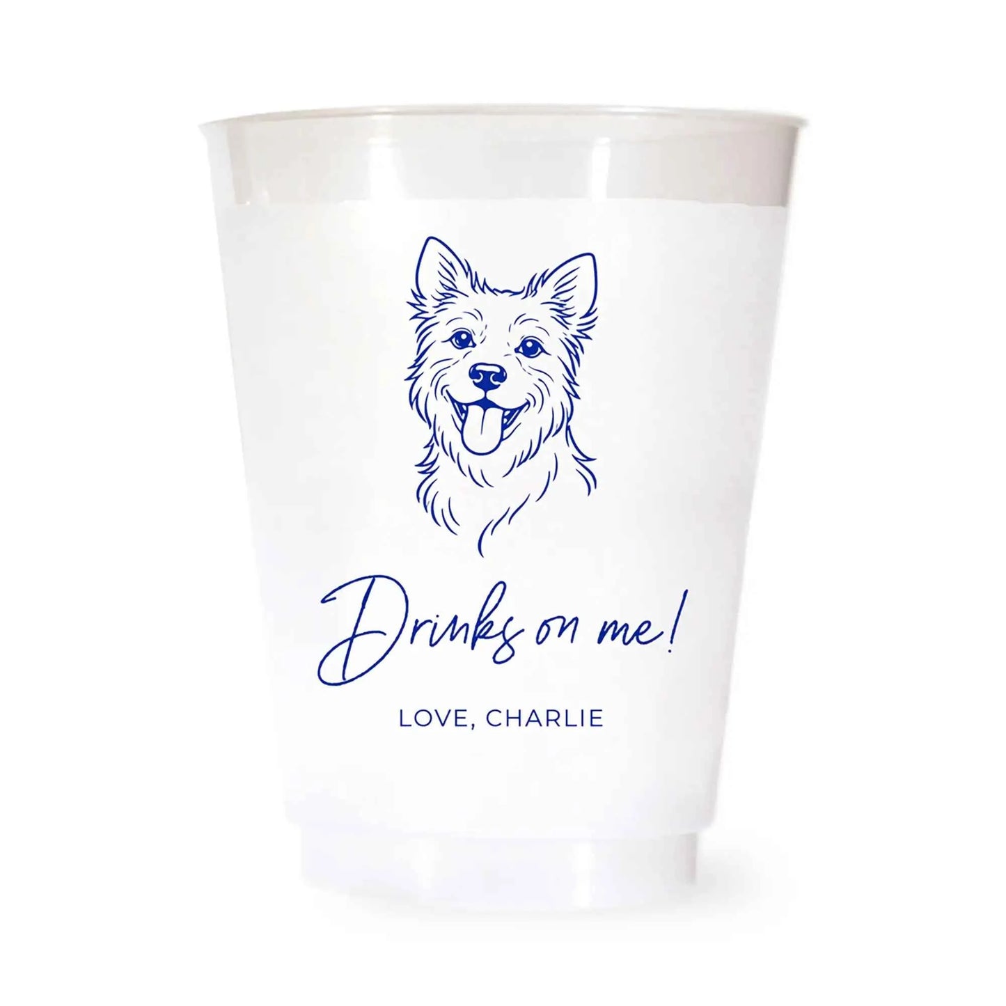 White cup with a blue terrier dog illustration and drinks on me love charlie text on a white background