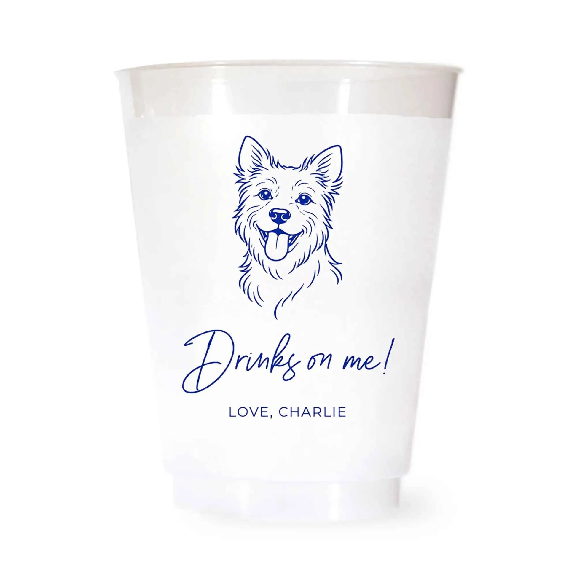 White cup with a blue terrier dog illustration and drinks on me love charlie text on a white background