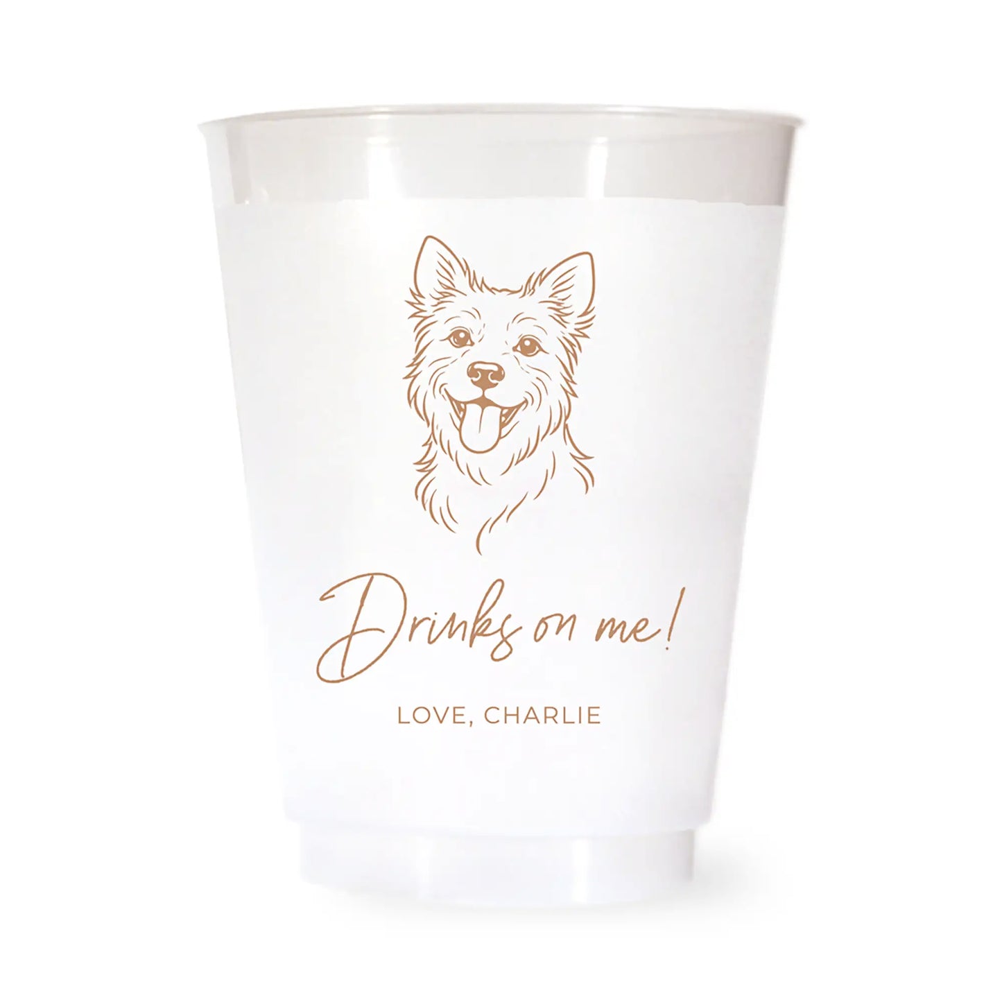 White cup with a brown terrier dog illustration and drinks on me love charlie text on a white background