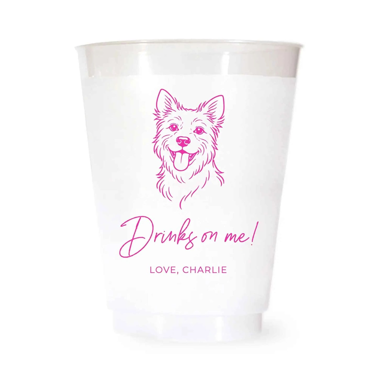 White cup with a pink terrier dog illustration and drinks on me love charlie text on a white background