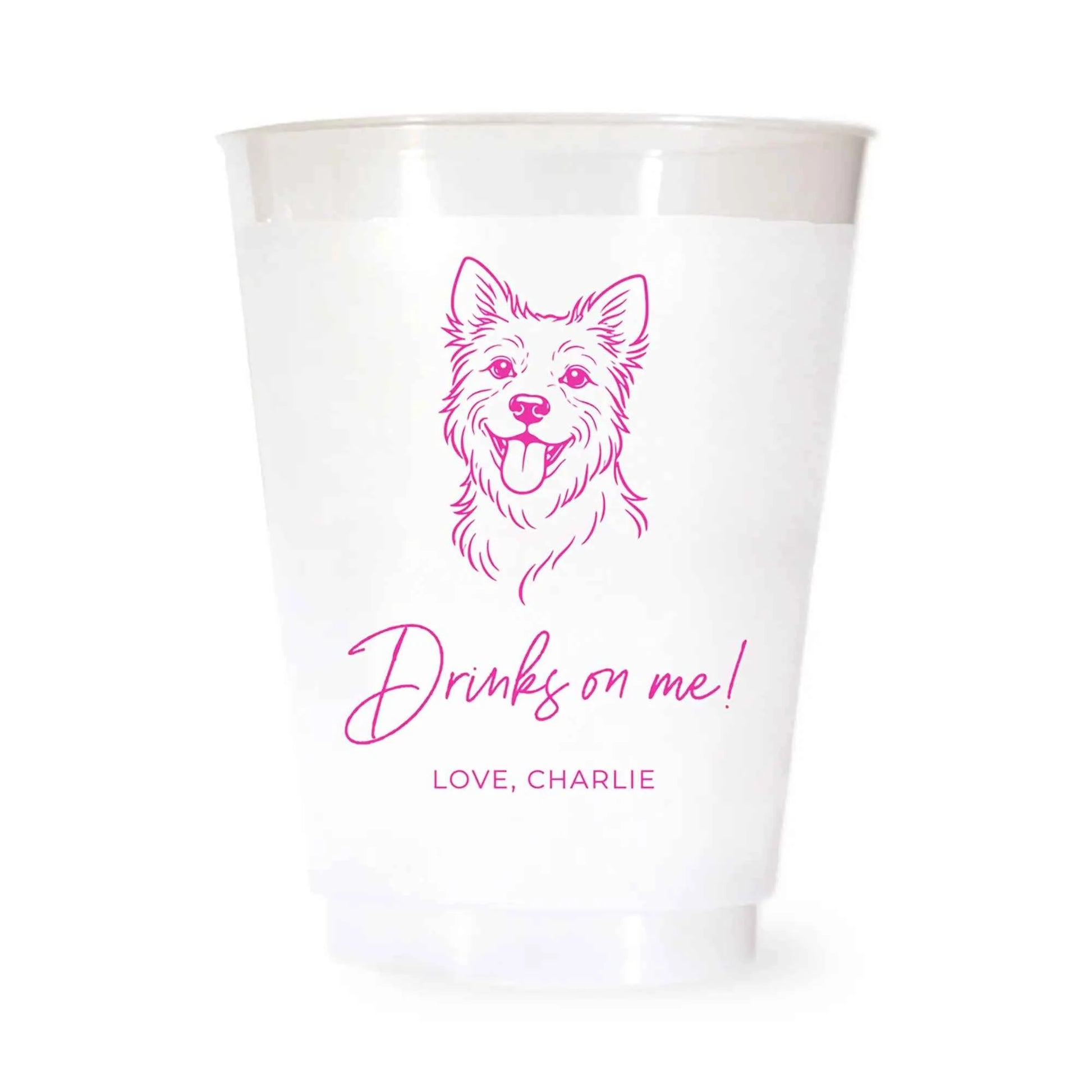 White cup with a pink terrier dog illustration and drinks on me love charlie text on a white background