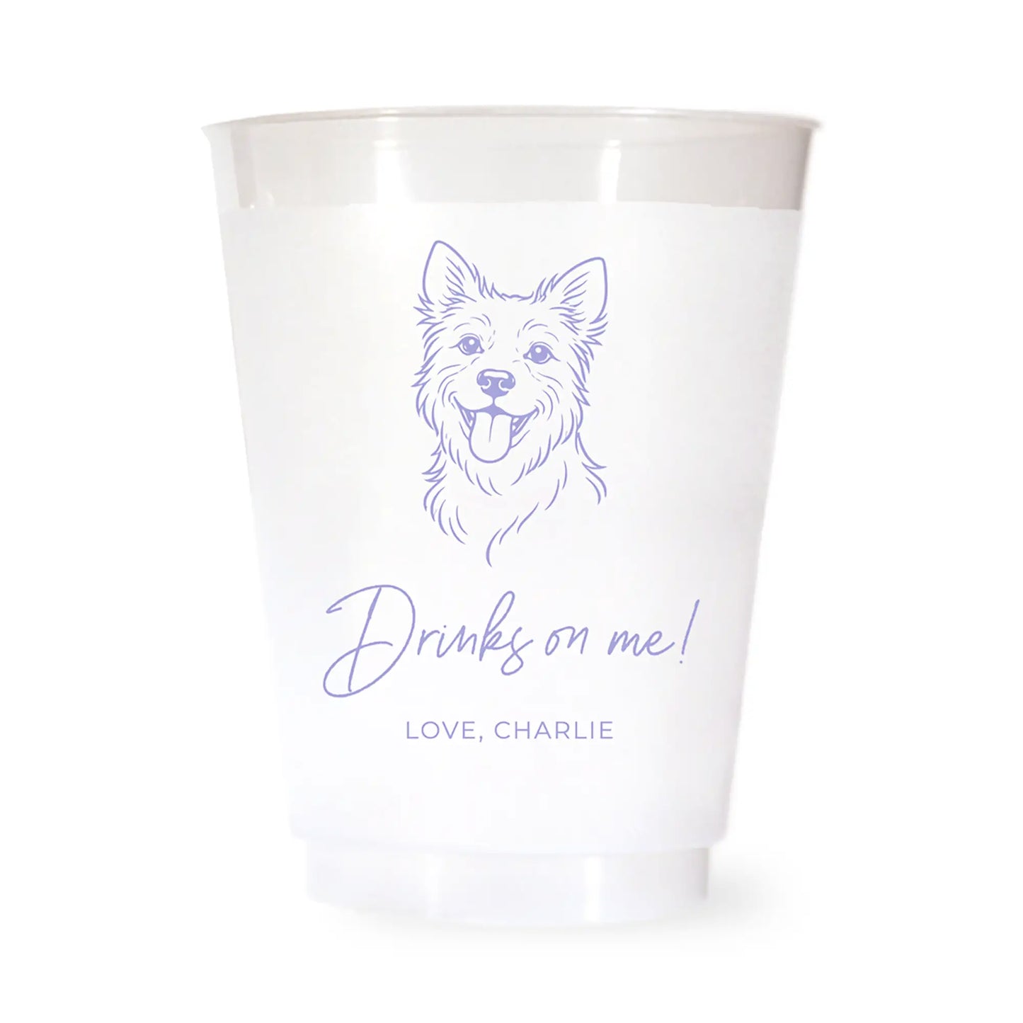 White cup with a purple terrier dog illustration and drinks on me love charlie text on a white background