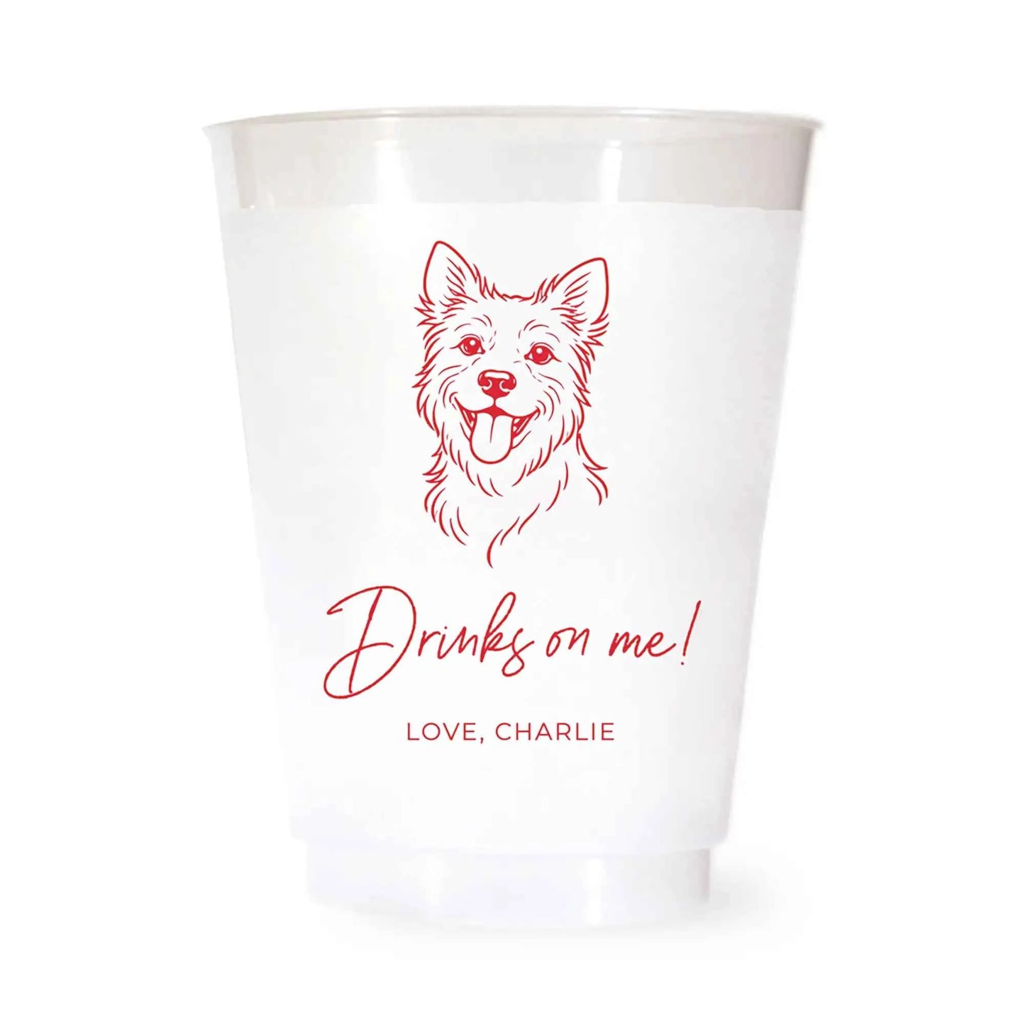 White cup with a terrier dog illustration and drinks on me love charlie text in red on a white background