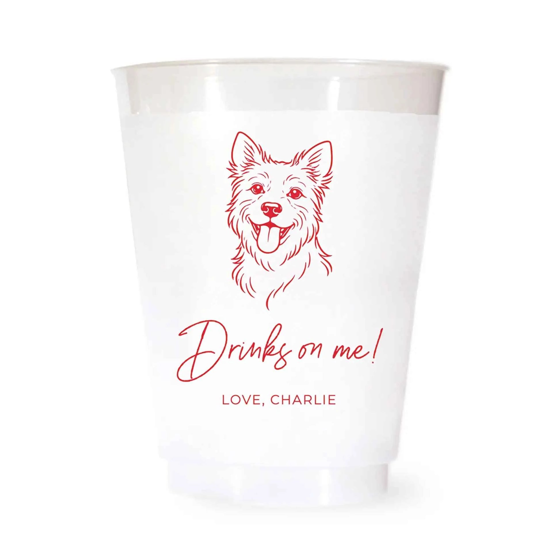 White cup with a terrier dog illustration and drinks on me love charlie text in red on a white background