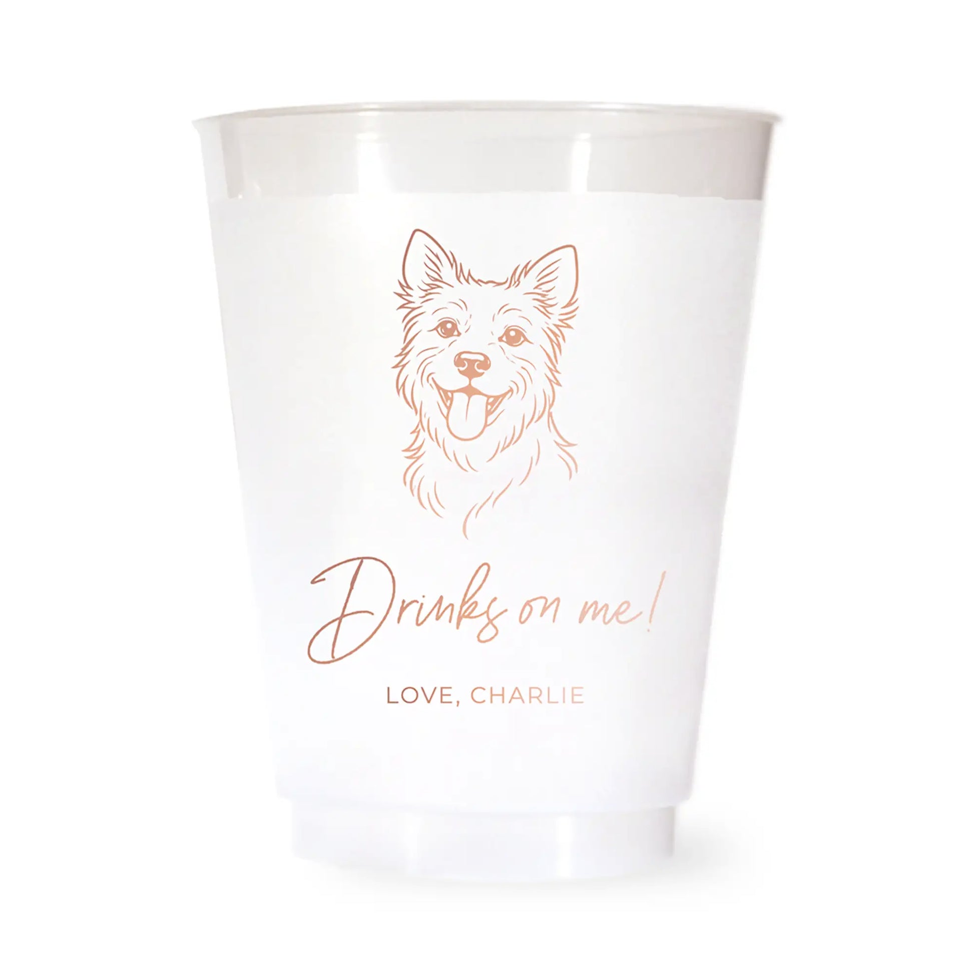 White cup with a terrier dog illustration and drinks on me love charlie text in rose gold on a white background