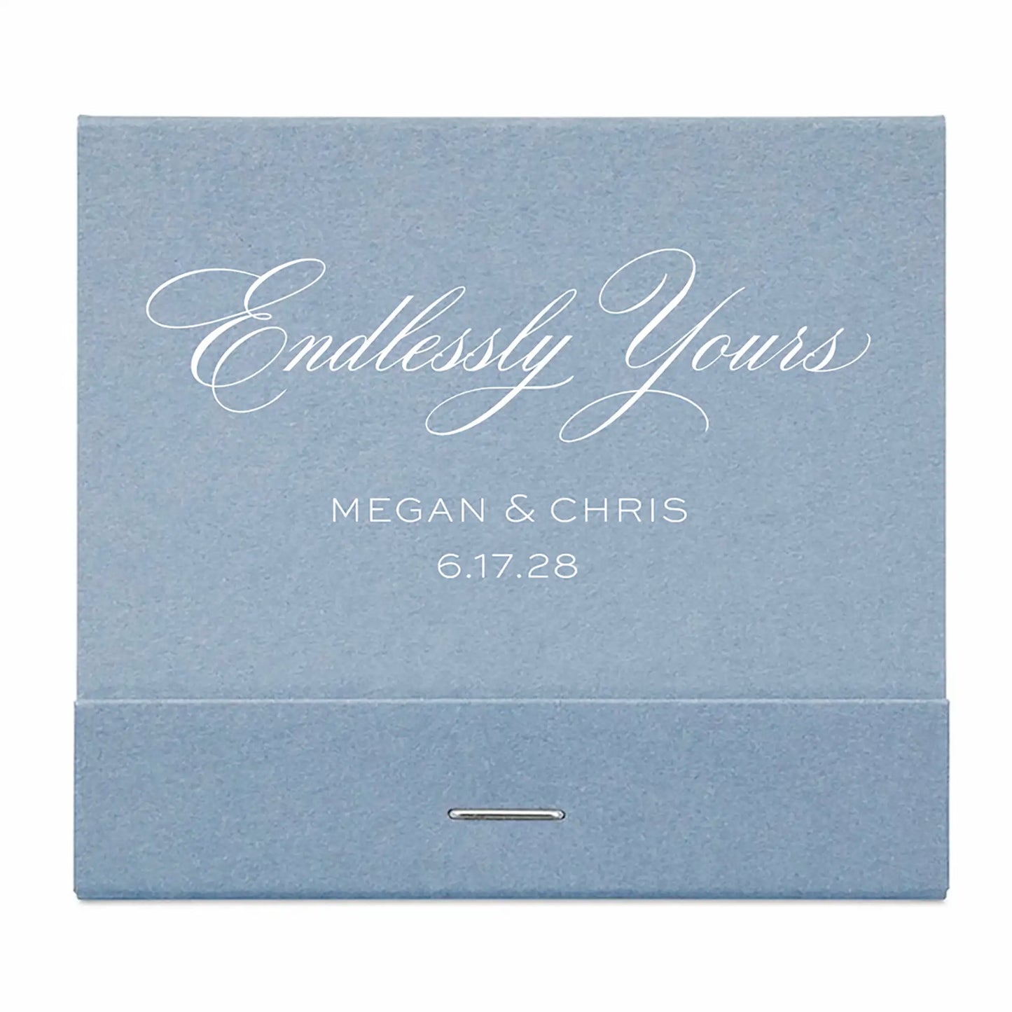 Dusty Blue matchbook with 'Endlessly Yours' and personalized text on a white background