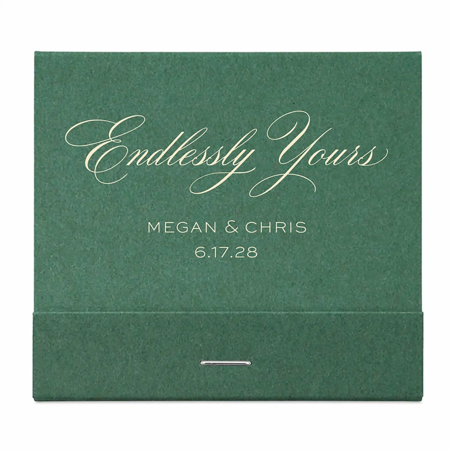 Green wedding matchbook with 'Endlessly Yours' and ivory personalized text on a white background