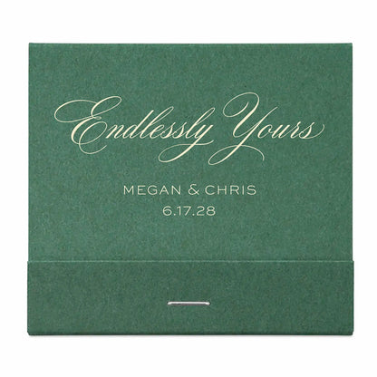 Green wedding matchbook with 'Endlessly Yours' and ivory personalized text on a white background