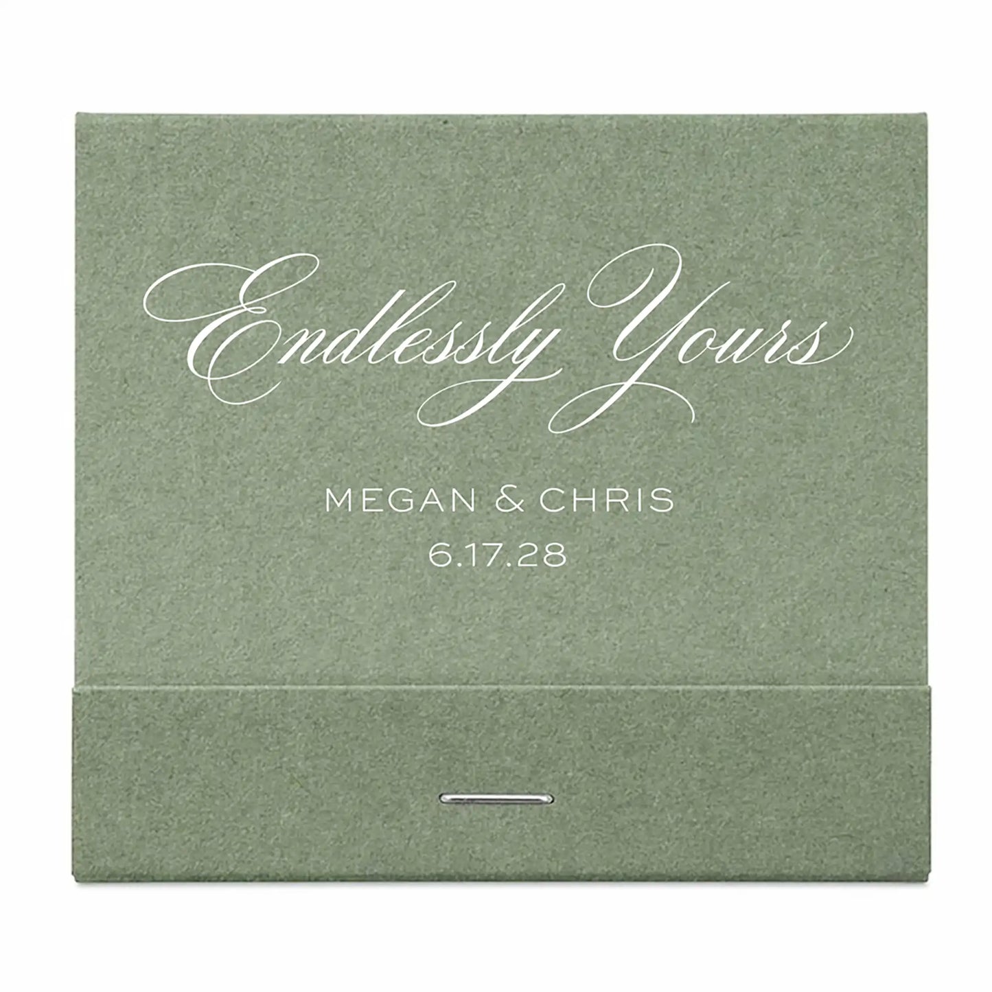 Green matchbook with 'Endlessly Yours' and white personalized text on a white background