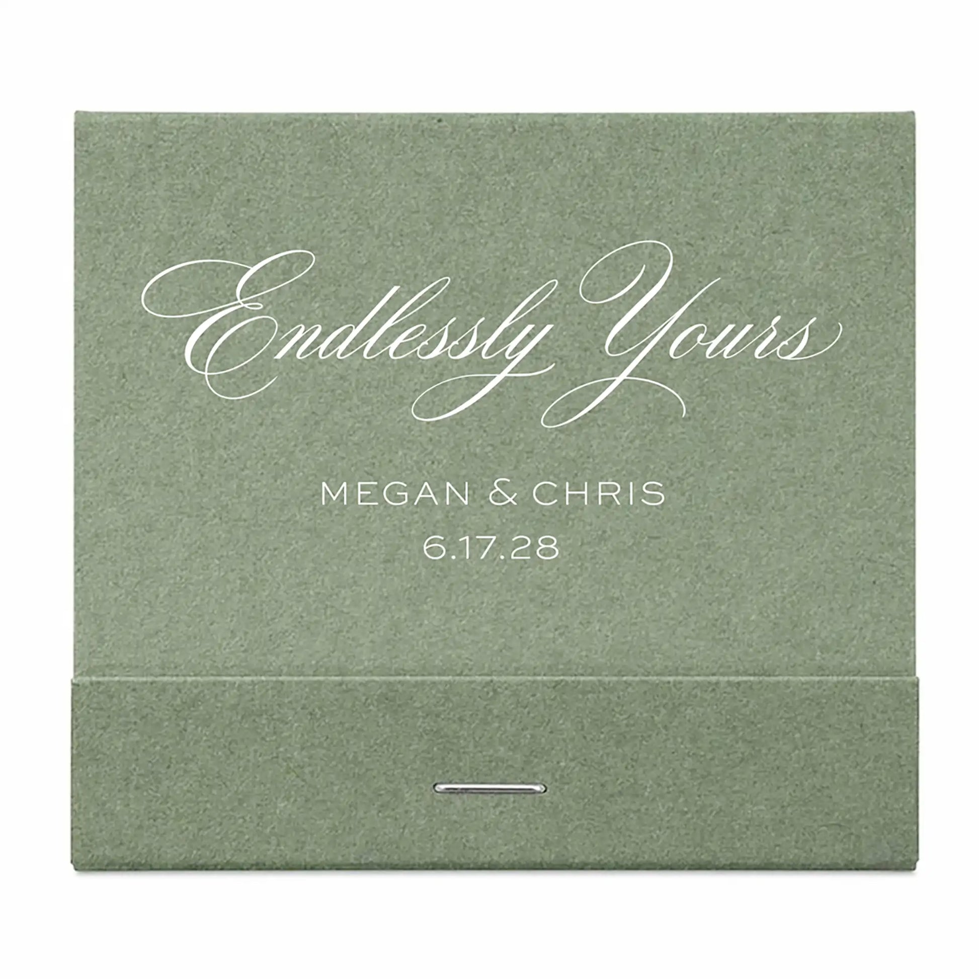 Green matchbook with 'Endlessly Yours' and white personalized text on a white background