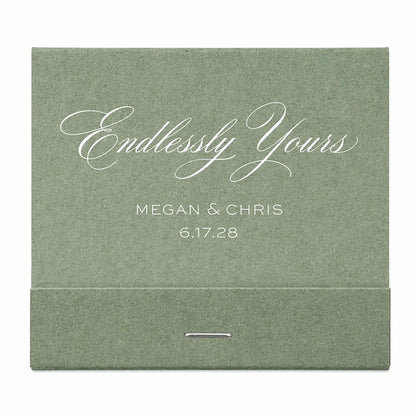 Green matchbook with 'Endlessly Yours' and white personalized text on a white background