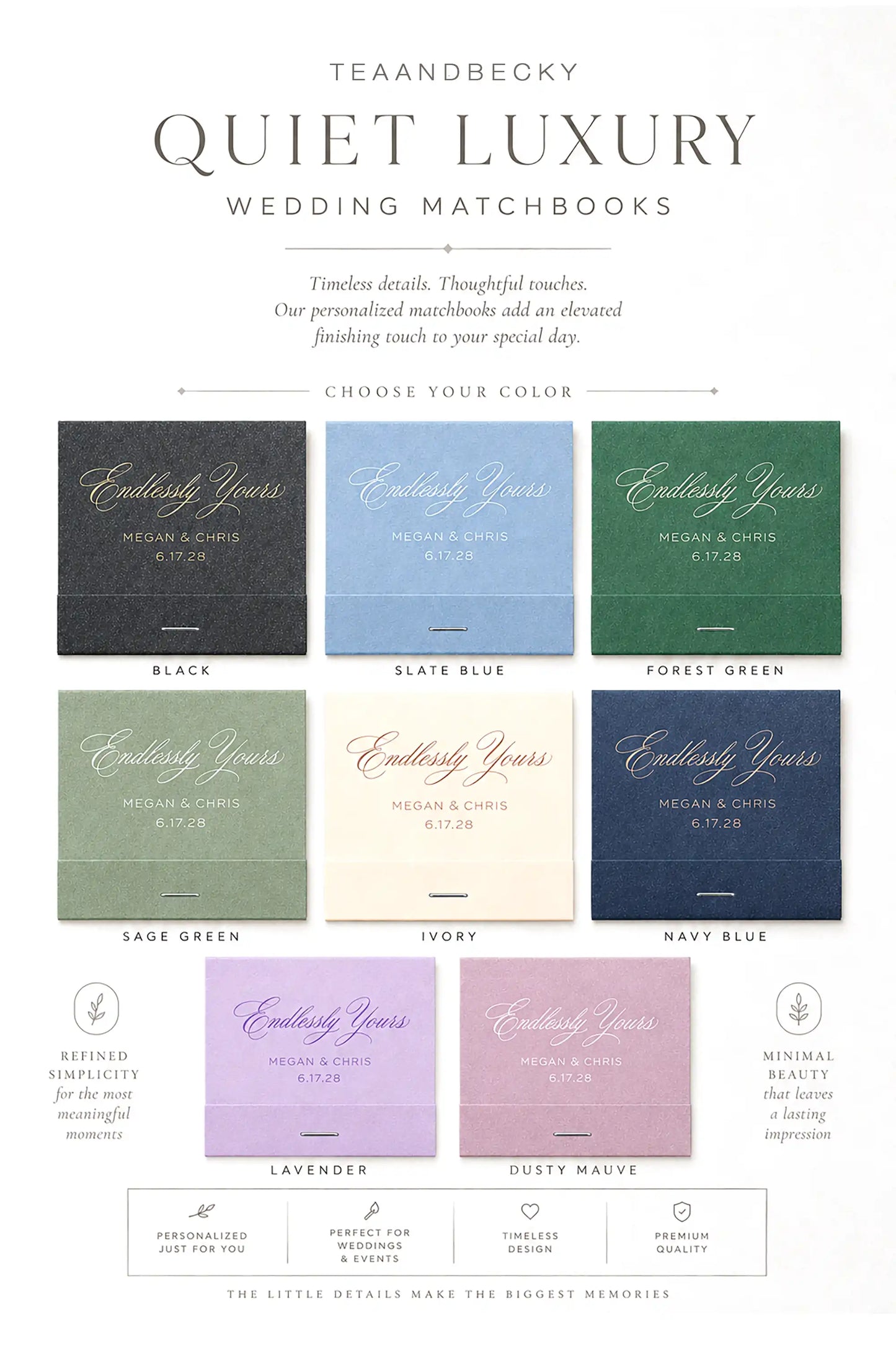 Teaandbecky Quiet Luxury wedding matchbooks with color options on a white background