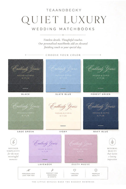 Teaandbecky Quiet Luxury wedding matchbooks with color options on a white background