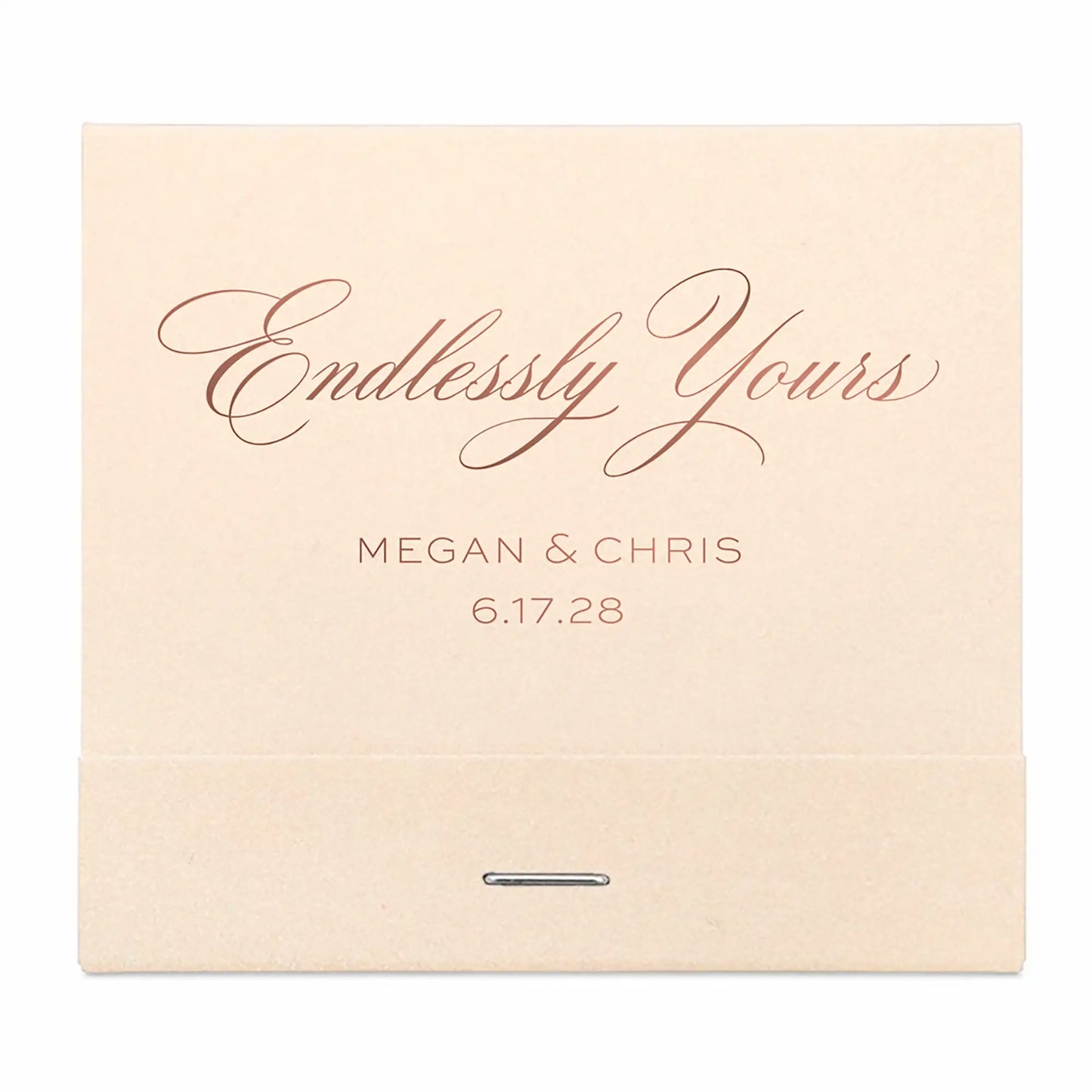 Beige matchbook with 'Endlessly Yours' and rose gold personalized names and date on a white background