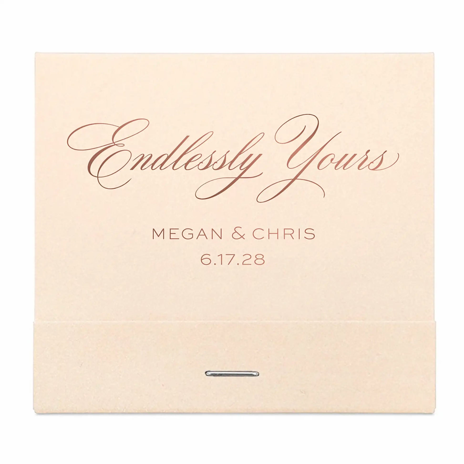 Beige matchbook with 'Endlessly Yours' and rose gold personalized names and date on a white background