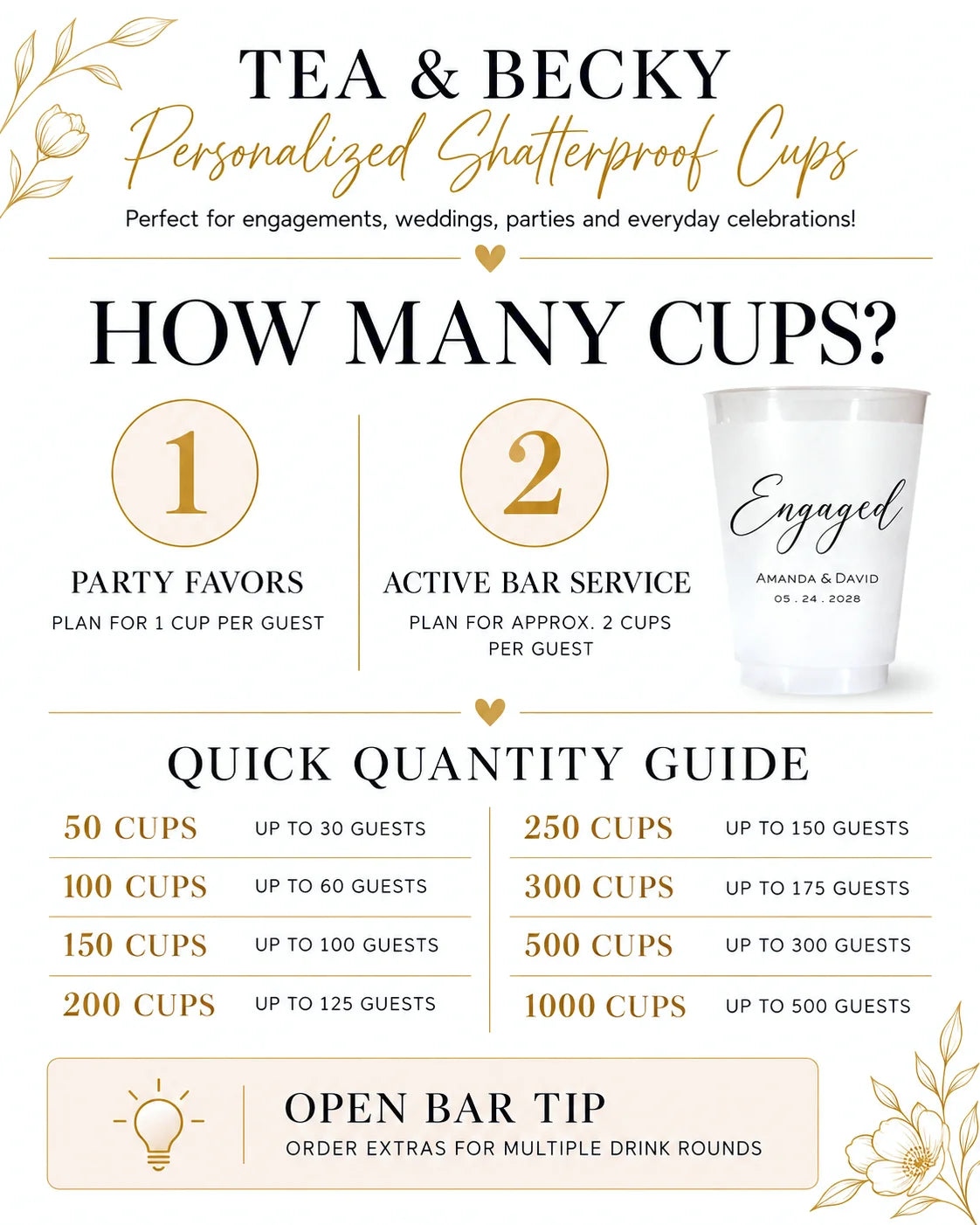 Tea & Becky personalized engagement party cups quantity guide showing recommended cups per guest for favors and bar service
