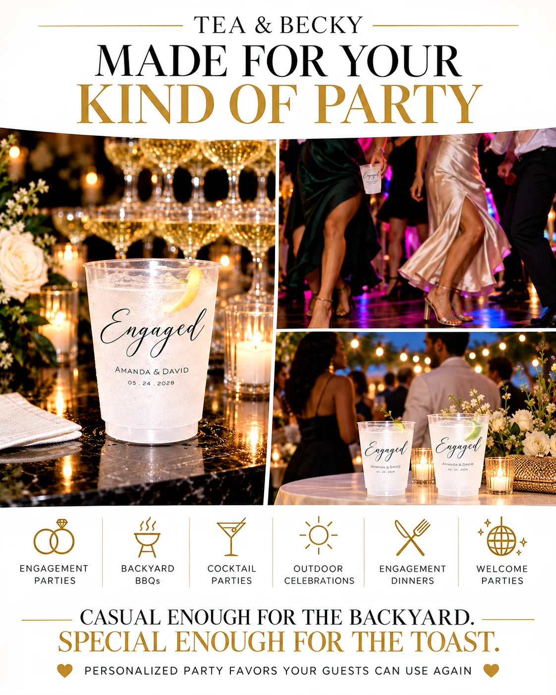 Tea & Becky personalized engagement party cups for cocktail parties, backyard celebrations, engagement dinners and welcome parties