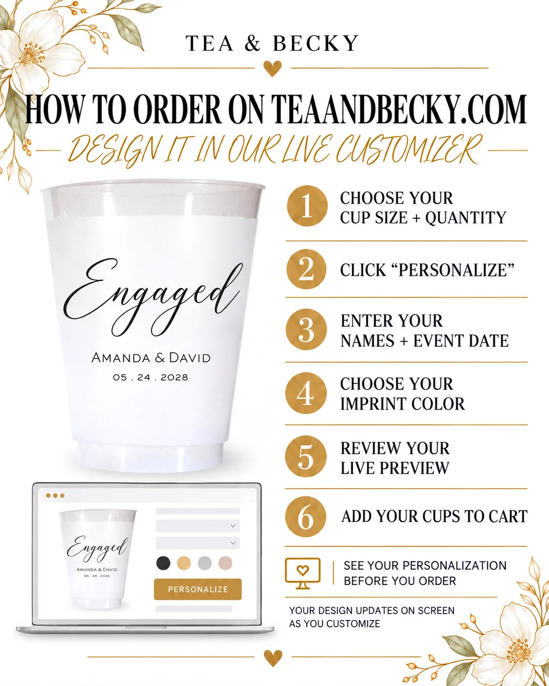 How to personalize Tea & Becky engagement party cups online by choosing cup size, quantity, names, date and imprint color with a live preview