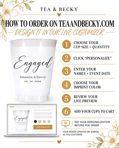 How to personalize Tea & Becky engagement party cups online by choosing cup size, quantity, names, date and imprint color with a live preview